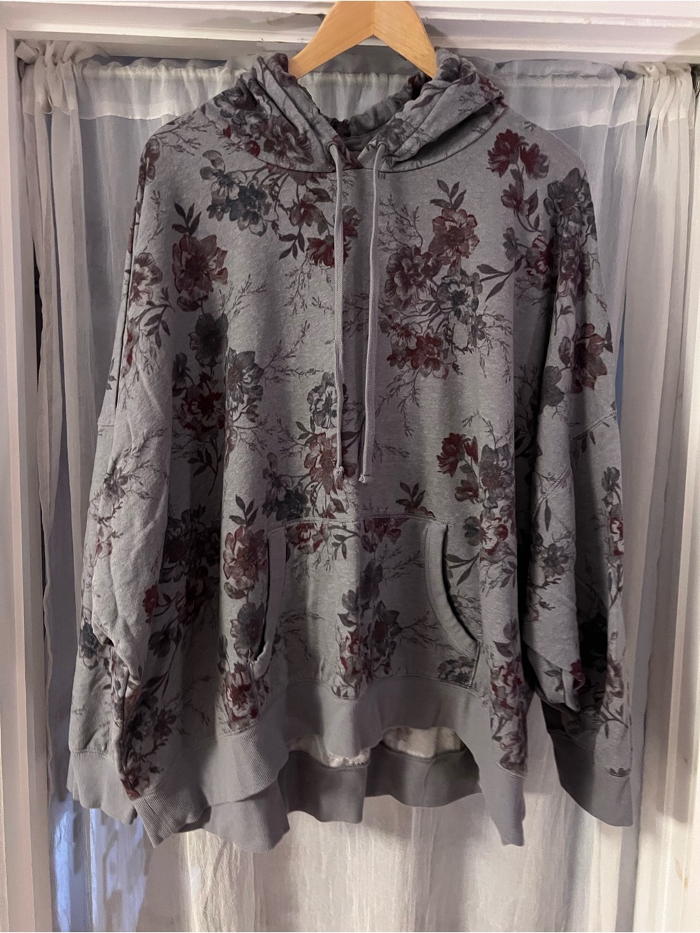 torrid Hooded Sweatshirt in Light Gray with Burgundy and Dusty Blue Accents